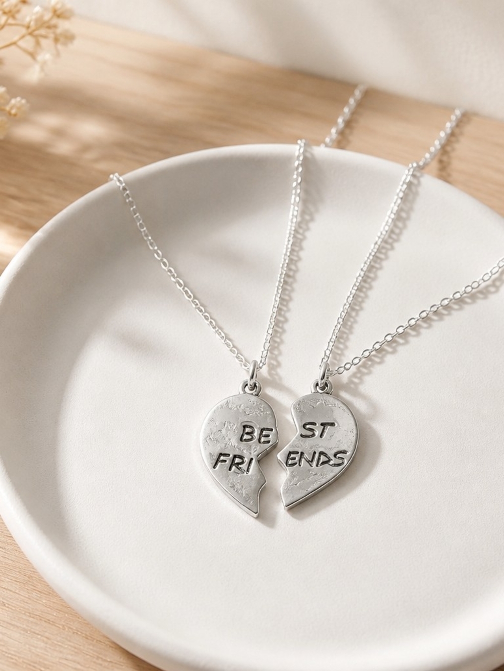 Kelly & Katie Silver Best Friends Broken Heart Pendant Necklace Set